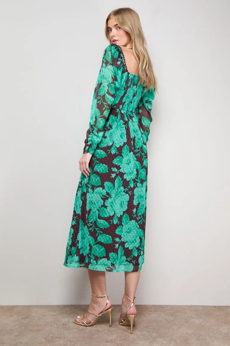 Printed Chiffon Shoulder Detail Shirred Back Midi Dress - 1