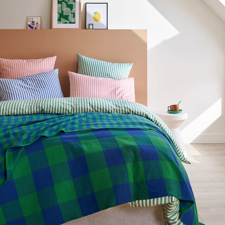 Checked Cotton Gauze Bedspread, Calix - 2