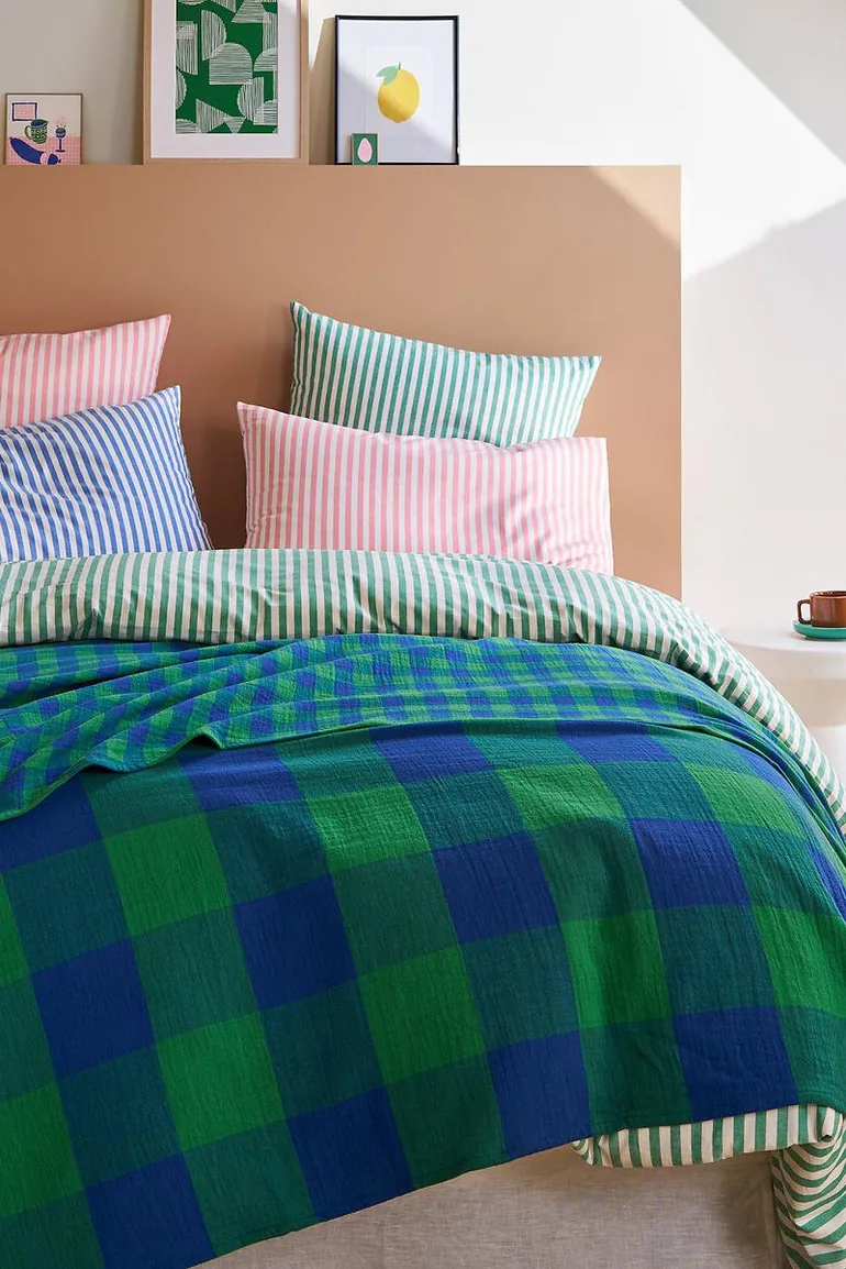 Checked Cotton Gauze Bedspread, Calix - 1