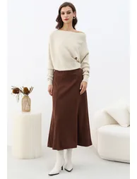 Slant-Shoulder Plain Knit Sweater in Oatmeal - 4