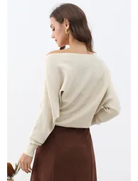 Slant-Shoulder Plain Knit Sweater in Oatmeal - 2