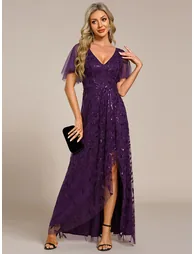 ever ALIX|Short Sleeves Sequin High Low V-Neck Midi Formal Evening Dress - 3