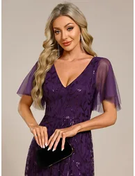 ever ALIX|Short Sleeves Sequin High Low V-Neck Midi Formal Evening Dress - 4
