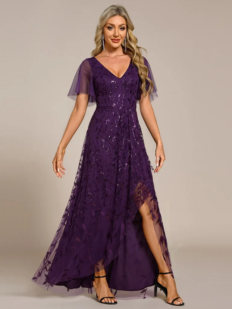 ever ALIX|Short Sleeves Sequin High Low V-Neck Midi Formal Evening Dress