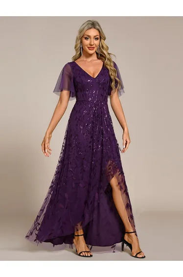 ever ALIX|Short Sleeves Sequin High Low V-Neck Midi Formal Evening Dress