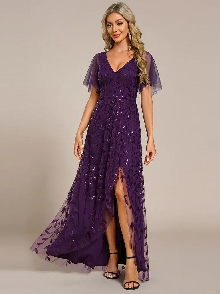 ever ALIX|Short Sleeves Sequin High Low V-Neck Midi Formal Evening Dress - 2