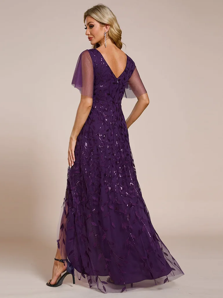 ever ALIX|Short Sleeves Sequin High Low V-Neck Midi Formal Evening Dress - 1