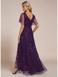 ever ALIX|Short Sleeves Sequin High Low V-Neck Midi Formal Evening Dress - 1