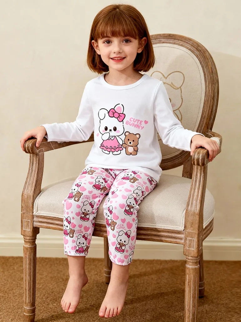 Girls Cute Bunny Print T-Shirt and Pyjama Set - 3