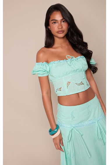 Aqua Blue Bardot Embroidered Bow Detail Crop Top Co-ord