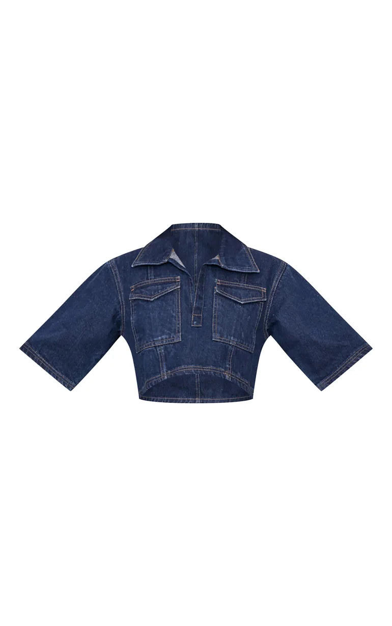 Indigo Contrast Stitch Cropped Denim Shirt - 4