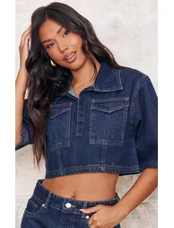 Indigo Contrast Stitch Cropped Denim Shirt - 3
