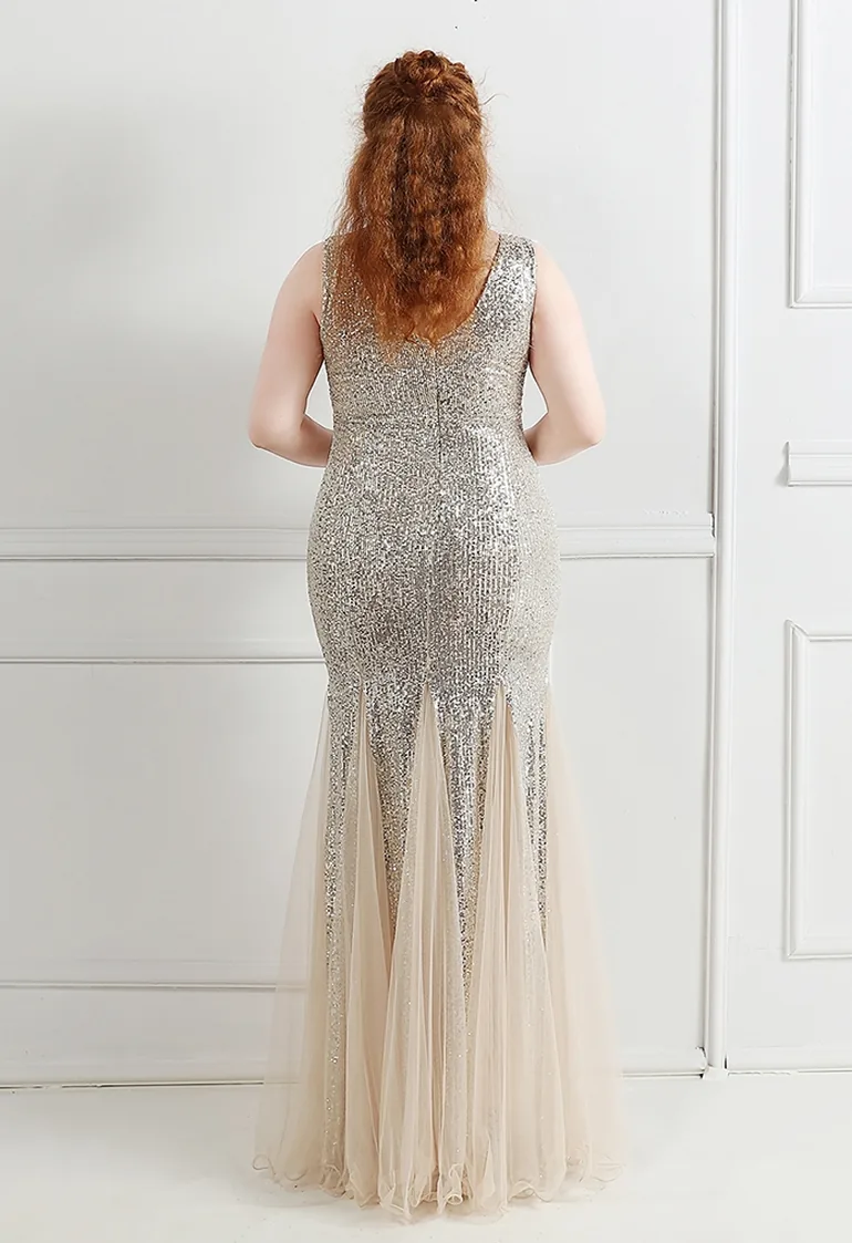 Mesh Panelled Sequined Mermaid Gown in Silver - 5