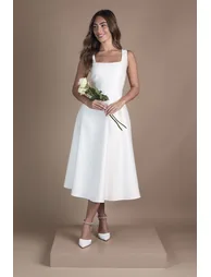 Belted Twill Midi Wedding Dress