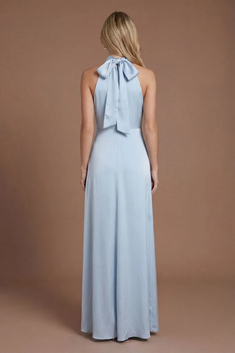 Light Blue Satin Halter Neck Maxi  Dress - 2
