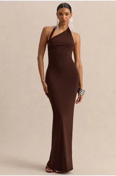 Delisse | Brown Asymmetric-Neck Maxi Dress
