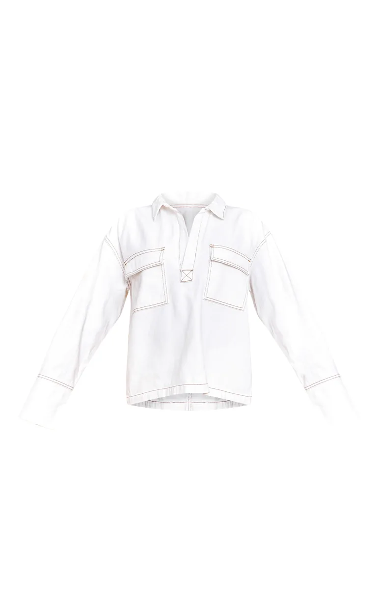 White Pocket Detail Oversized Denim Shirt - 4