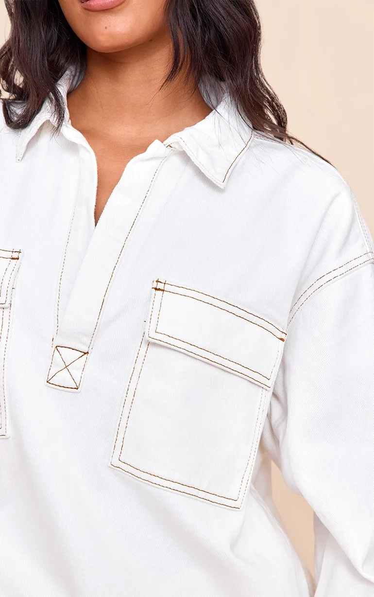 White Pocket Detail Oversized Denim Shirt - 3