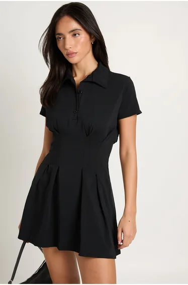 Cotton Collared Pleated Mini Dress - black