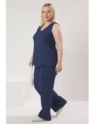 Navy Blue Knitted V Collar Textured Fabric Plus Size Top-Bottom Set - 1