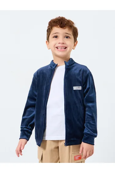 Boys Navy Velvet Zip-Up Jacket with Badge Detail