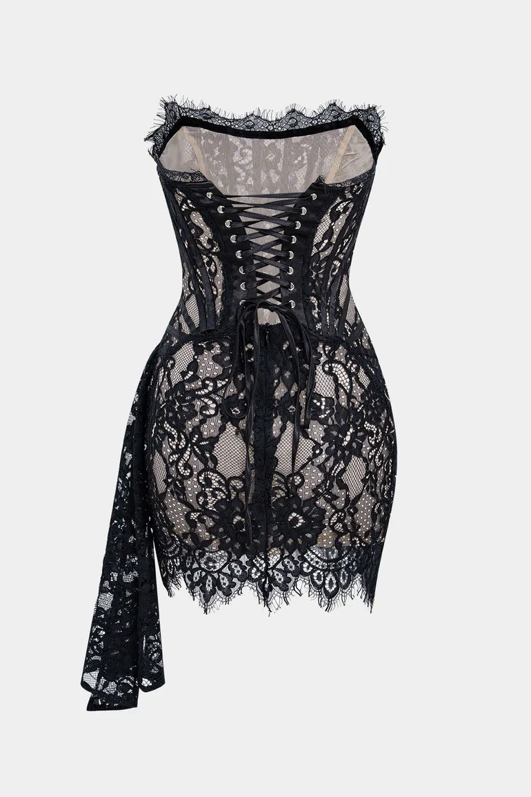 Lace Tie-Back Strapless Sleeveless Mini Dress - 2