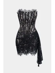 Lace Tie-Back Strapless Sleeveless Mini Dress - 1