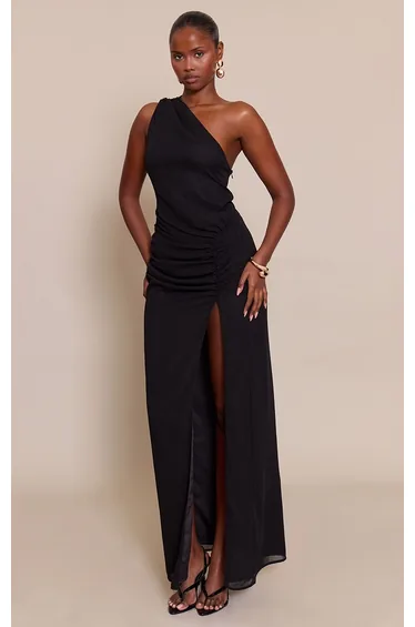 Black Chiffon One Shoulder Ruched Detail Maxi Dress