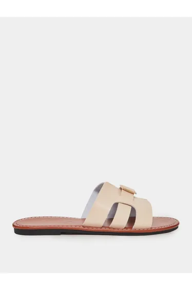 Beige Slip-On Flat Sandals with Buckle Detail