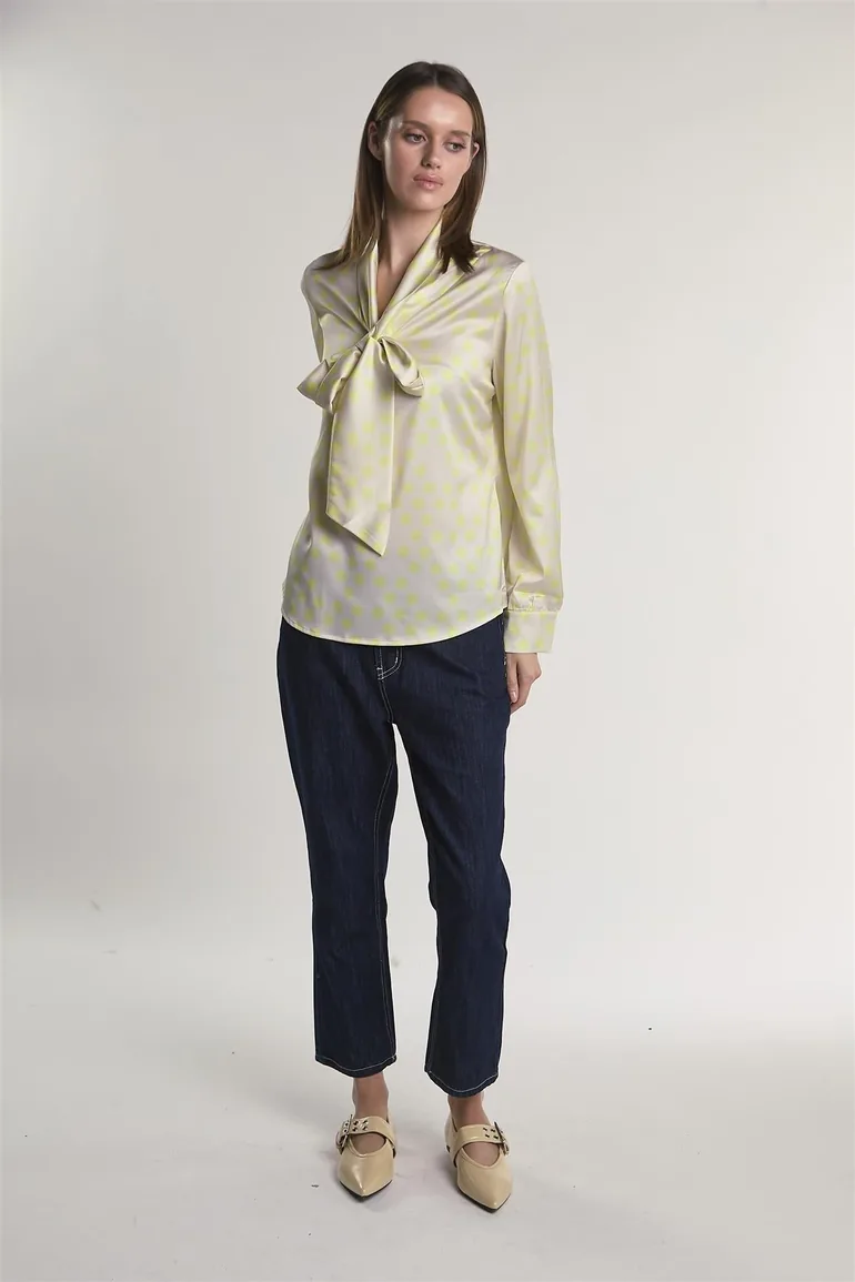 Yellow-Polka-Dot Front-Tie Long-Sleeve-Top