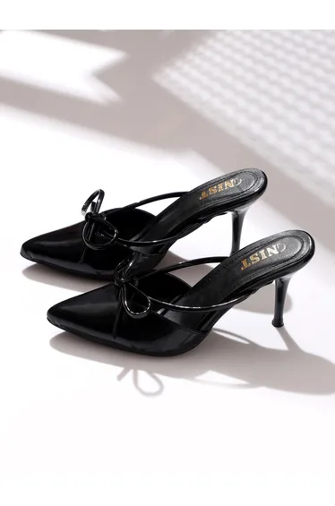 Plain Pointed Toe Stiletto Heel Mules with Bow Detail