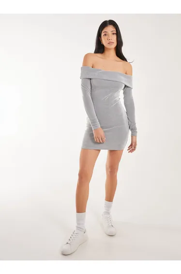 Two Tone Rib Bardot Mini Dress