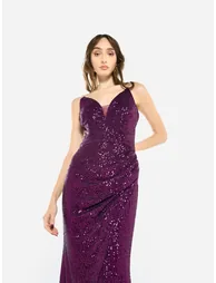 Women Sequin Strappy Drape Maxi Dress - 3