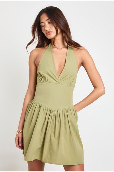 Cotton Poplin Halter Neck Pleated Mini Dress - light khaki product thumbnail 3