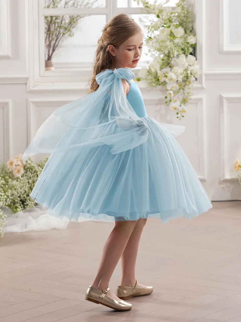 Girls Bow Sleeveless Cape Detail Mesh Dress - 4