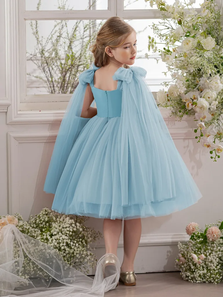 Girls Bow Sleeveless Cape Detail Mesh Dress - 2
