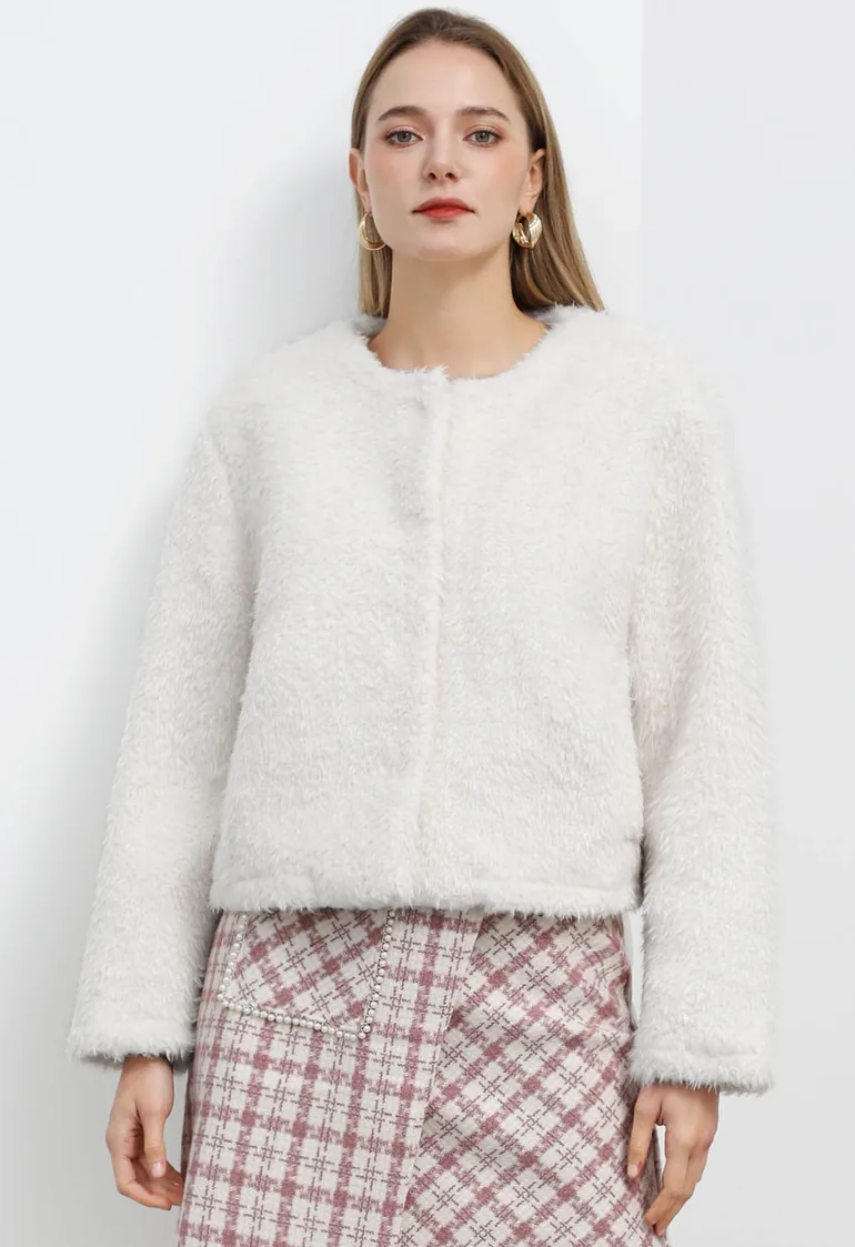 Cozy Collarless Faux Fur Coat in White - 1