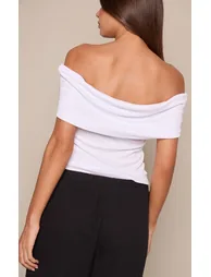 White Soft Rib Fold Over Bardot Detail Top - 1
