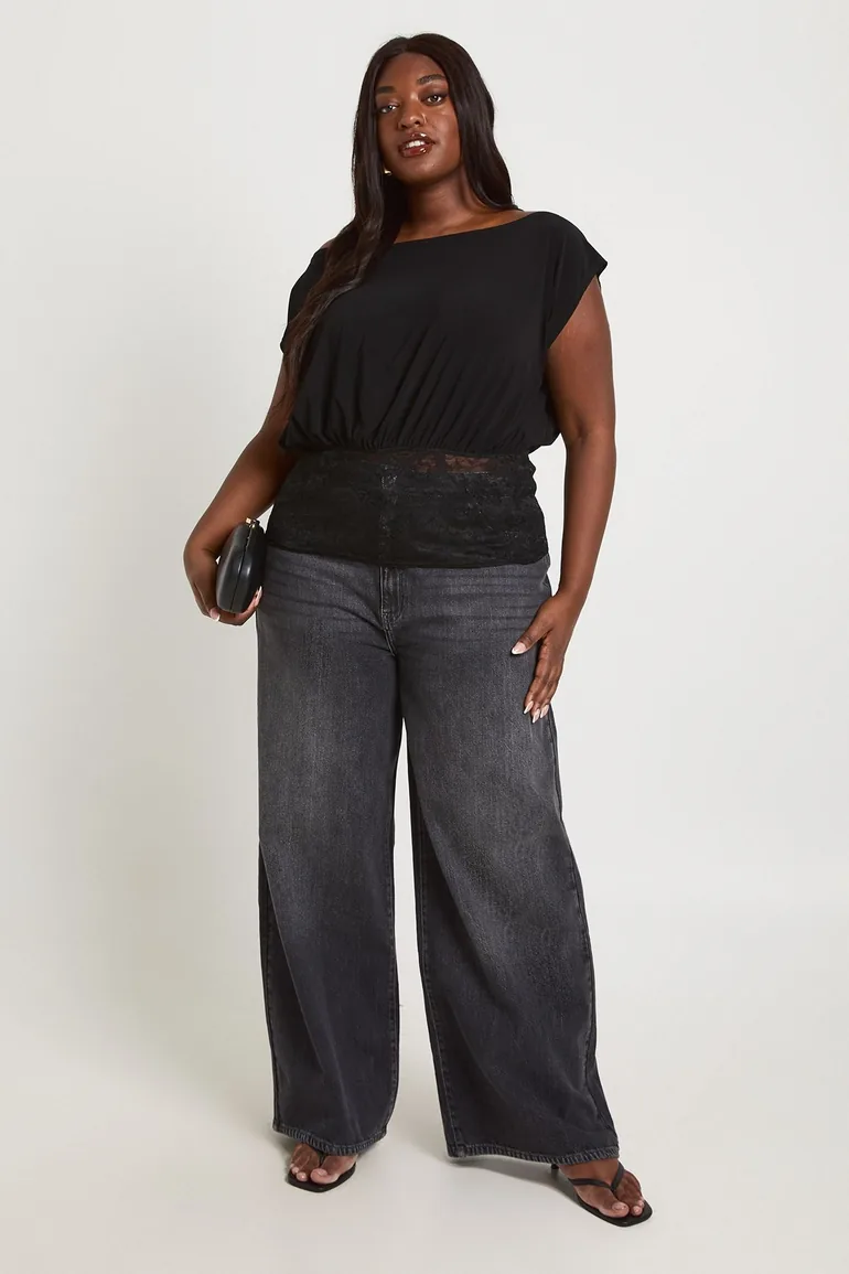 Plus Off The Shoulder Blouson Lace Panel Top - black