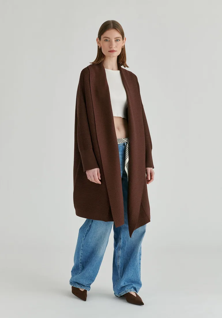 Draped Collar Ribbed Cardigan - 2