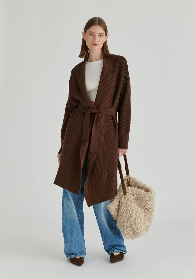 Draped Collar Ribbed Cardigan - 6