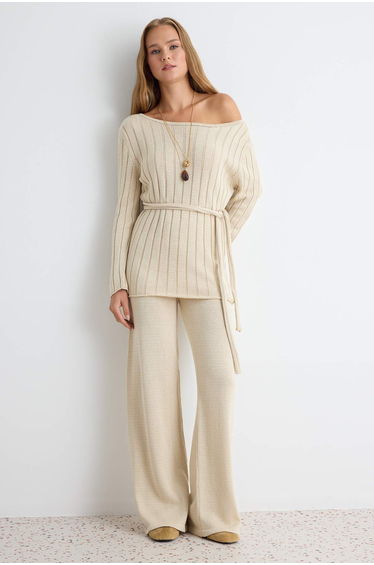 Stone Waist Belt Detailed Cotton Knitwear Bottom - Top Set