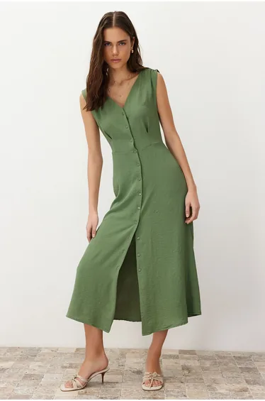 Khaki Buttoned Midi Woven Shirt Dress