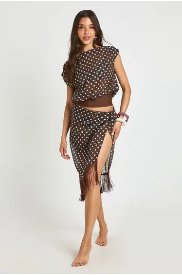 Polka Dot Asym Top And Fringe Sarong Co-ord - chocolate