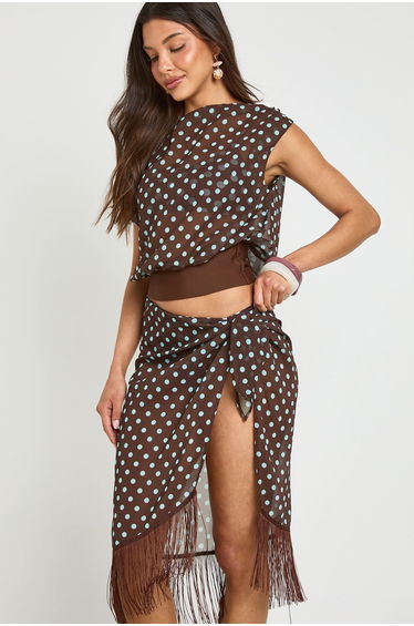 Polka Dot Asym Top And Fringe Sarong Co-ord - chocolate product thumbnail 4