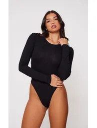 Black Cotton Crew Neck Long Sleeve Bodysuit - 2