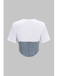 Patchwork Denim Round Neck Short Sleeve T-Shirt - 1