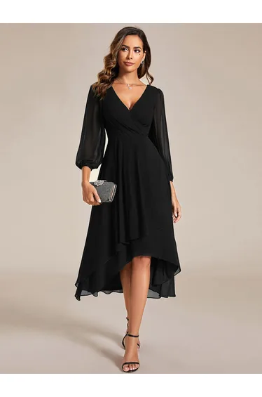 ever BRIAR|3/4 Sleeves Asymmetrical Hem A-Line Midi Wedding Guest Dress