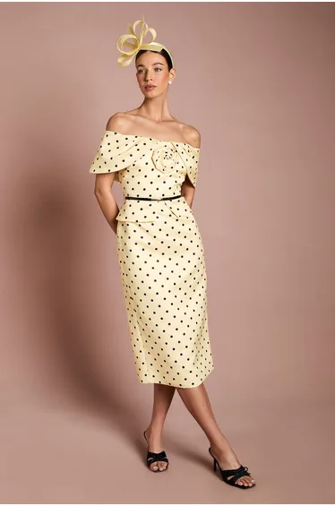 Lisa Tan Spot Print Corsage Off The Shoulder Pencil Dress