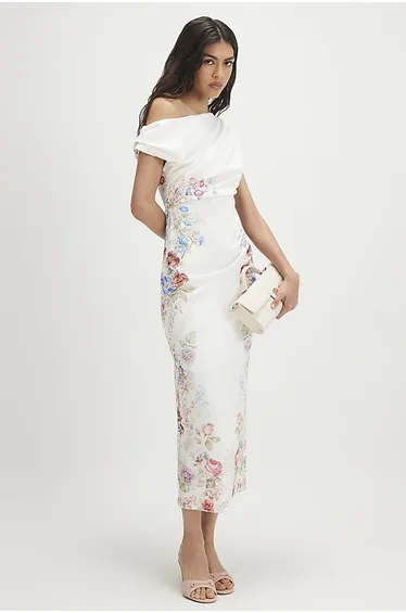 Cream Floral Print Drape Midi Dress